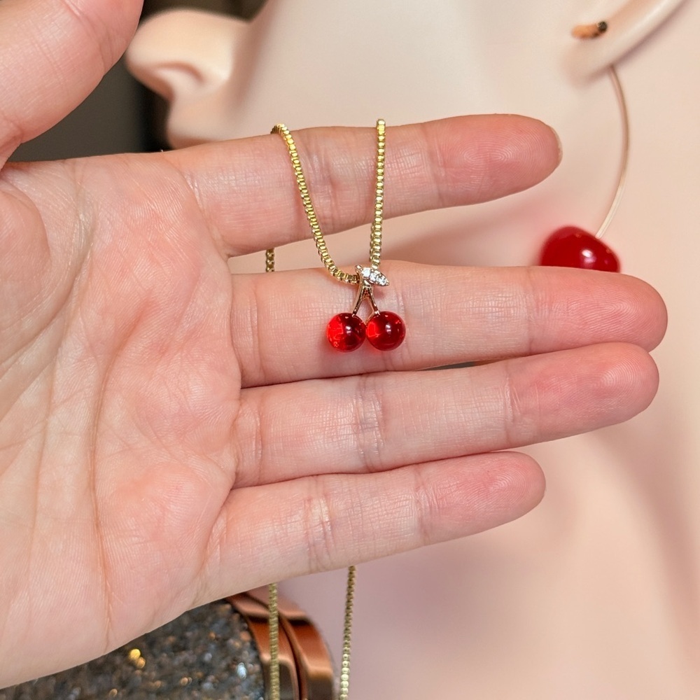 Elegant Gold Cherry Pendant Necklace - Picture 7 of 10
